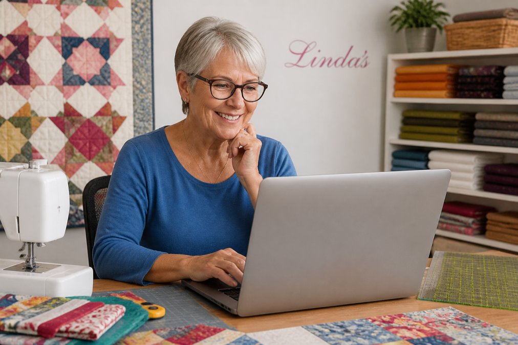 A quilter reading expert quilting advice on a forum in her bright craft room with a sewing machine nearby.