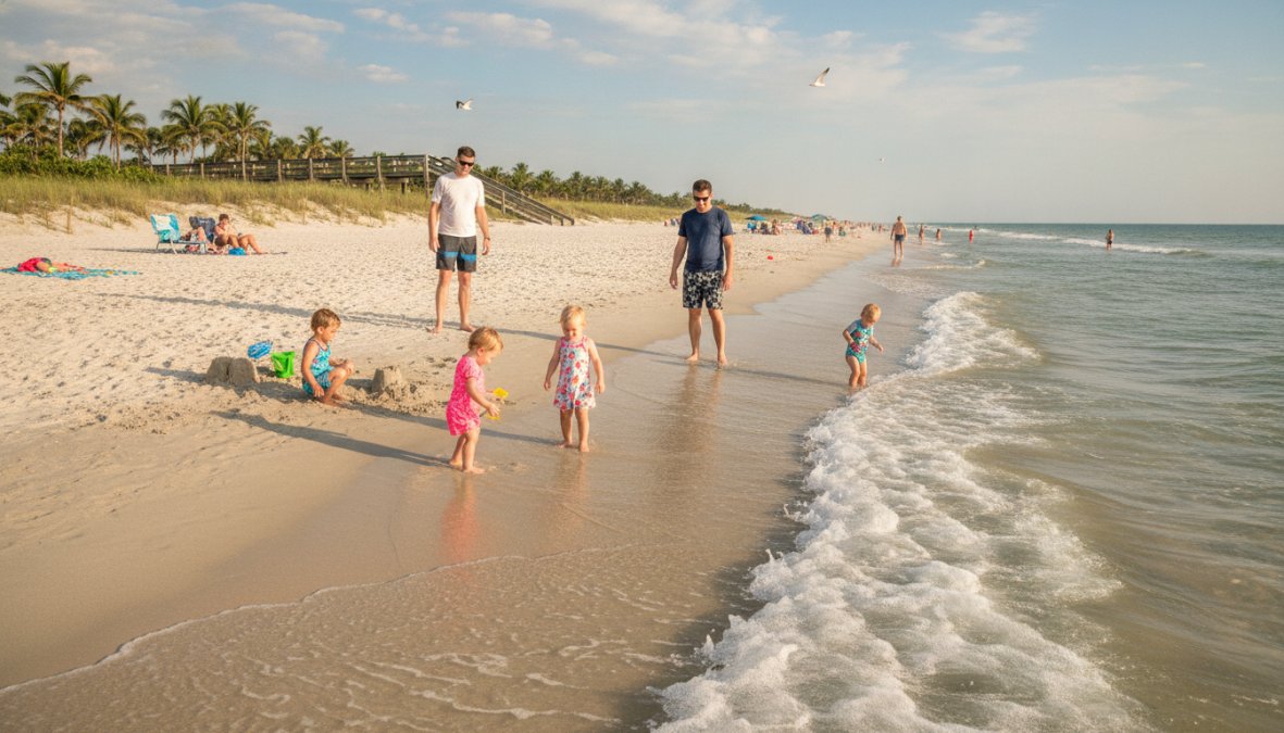 A family with young children laughing and playing in shallow, calm Atlantic Ocean waves on a wide white sandy beach in Northeast Florida, warm afternoon sunlight, parents standing close by in the water