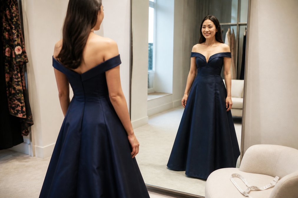 A woman standing in a well-lit dressing room wearing an A-line formal dress, looking at her reflection in a full-length mirror with a measuring tape draped over a nearby chair
