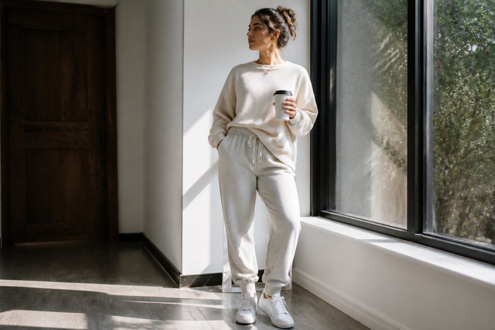 A woman layering a cozy oversized thermal sweatshirt over high-waisted joggers, accessorized with simple gold earrings and clean white sneakers, photographed in natural light near a large window with soft shadows
