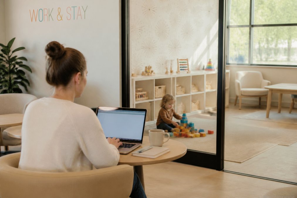 Parent working on a laptop near a glass-walled room where a child plays, showcasing flexible childcare options.