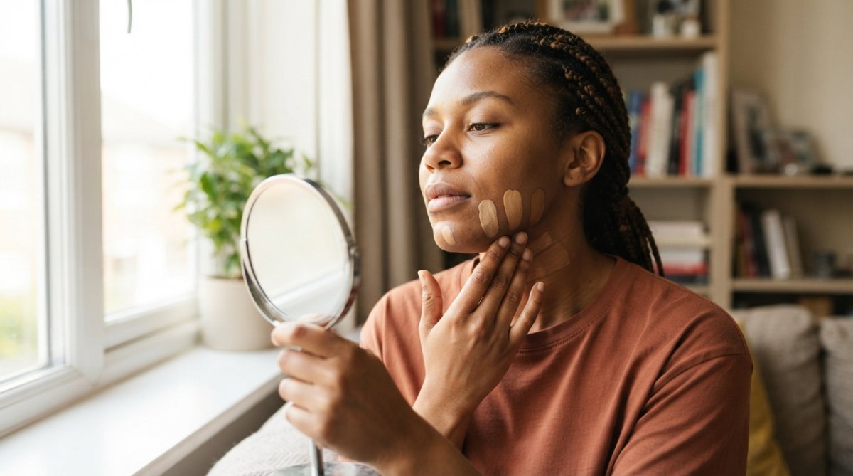 A Black woman swatching three different foundation shades on her jawline, holding a small hand mirror near a bright window with natural daylight