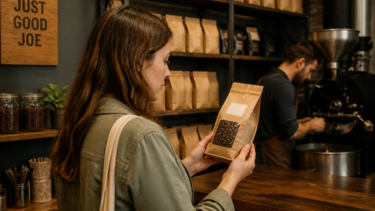 A person holding a bag of whole bean coffee in a small local coffee shop, reading the roast date label while a roaster and shelves of coffee bags are visible in the background