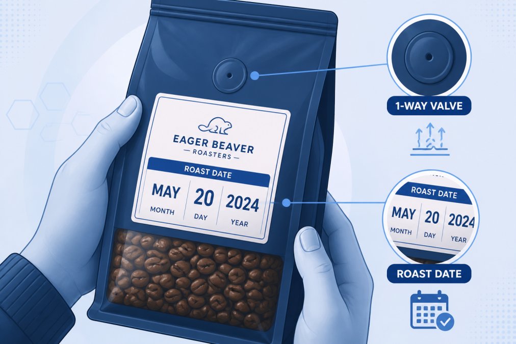 Close-up of hands holding a coffee bag showing roast date label and one-way valve with fresh beans visible through packaging, natural lighting highlighting the label details