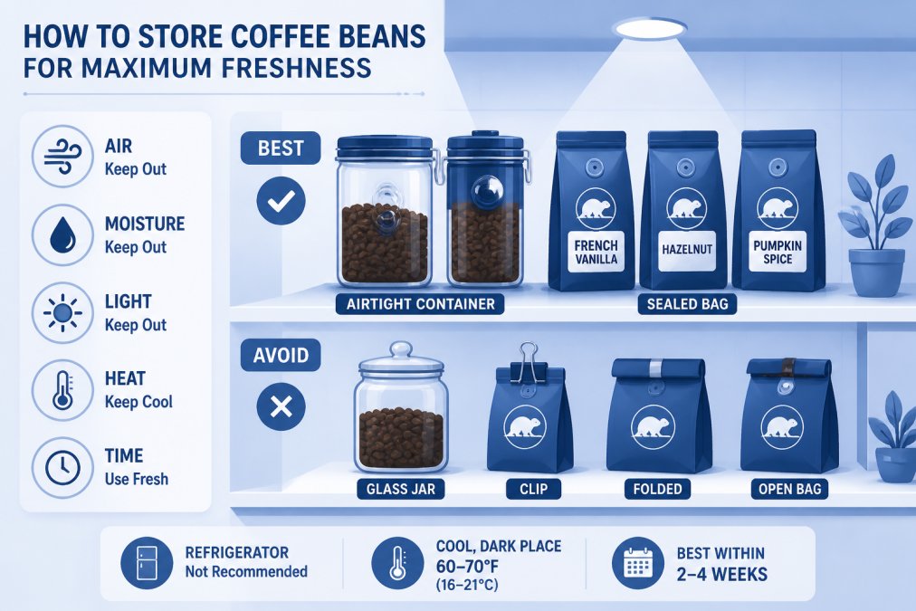 Organized kitchen shelf with airtight coffee containers and sealed bags in proper lighting, showing various storage methods and sealed packaging
