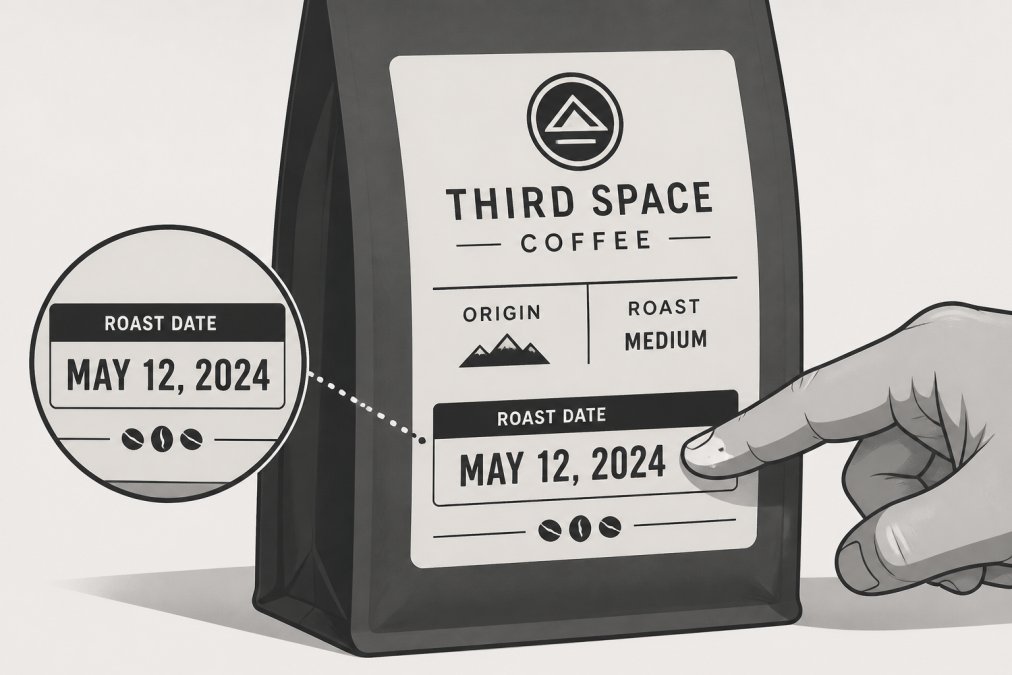 Close-up of a coffee bag label showing roast date printed clearly in black ink on kraft paper, with a hand pointing to the specific date information