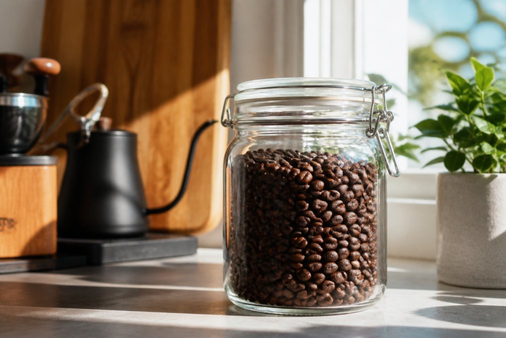 A sealed airtight glass container filled with glossy dark roasted coffee beans on a kitchen counter near a window, with bright natural light streaming in from the side, showing proper storage setup away from direct sunlight