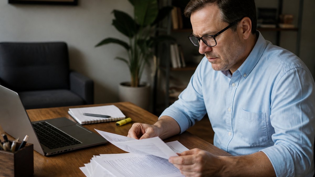Business owner reviewing insurance documents and policy papers at a desk with a laptop, highlighter, and notepad nearby