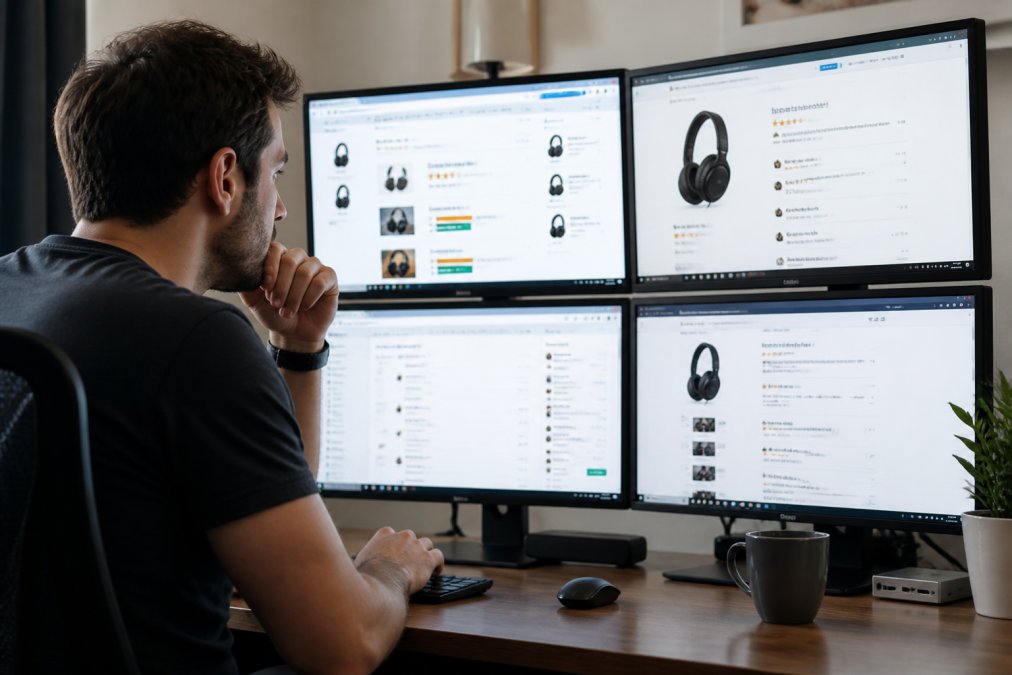 Person at a desk with multiple monitors displaying product review pages and ratings from different websites, carefully analyzing feedback and comparing specifications across platforms with focused concentration