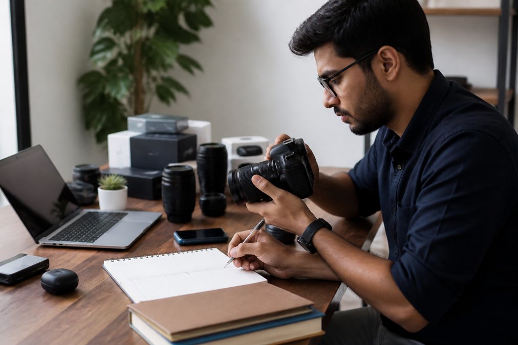 Professional researcher sitting at an organized desk with laptop, notebook, and multiple reference materials, cross-checking product specifications and reviews with focused attention and careful documentation