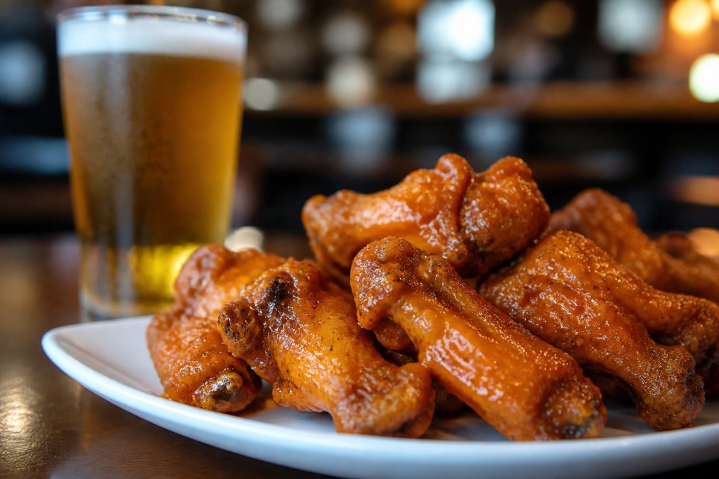 Crispy chicken wings glazed in sauce served as classic bar food with a frosty beer glass in the background.
