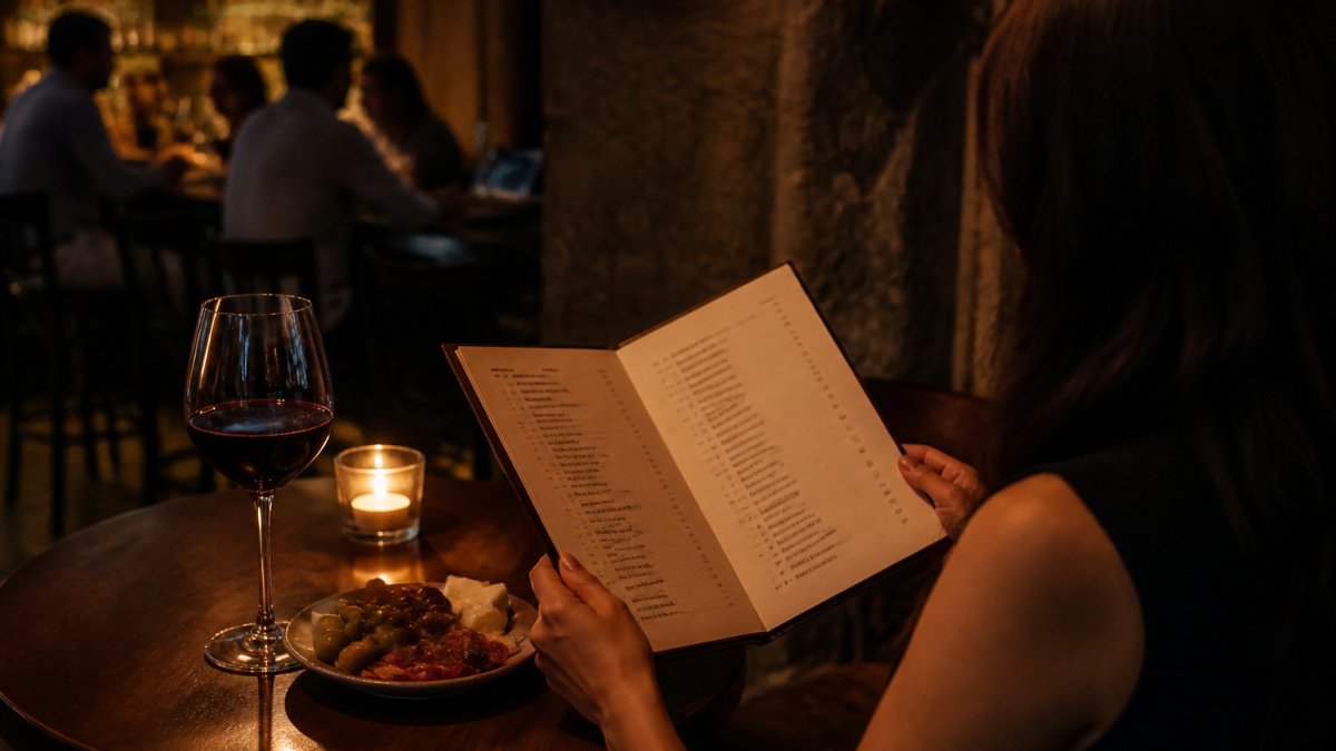 A guest at a candlelit wine bar holding an open wine list, a glass of red wine and a small plate of tapas on the table in front of them, warm evening light