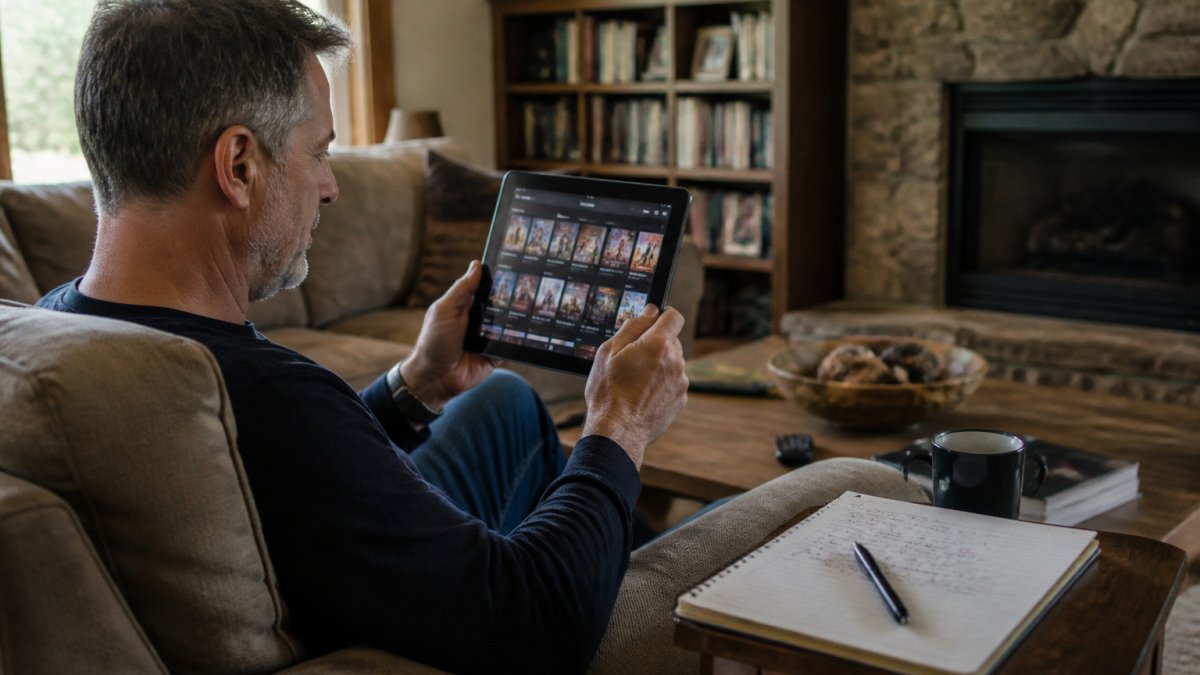 Person using a tablet to find hard sci-fi series with a notepad ready to track potential new shows.