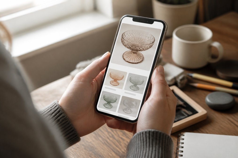 Close-up of a person's hands holding a smartphone displaying a reverse image search results page, with a photo of a vintage glass dish visible on screen, soft natural window light illuminating the scene