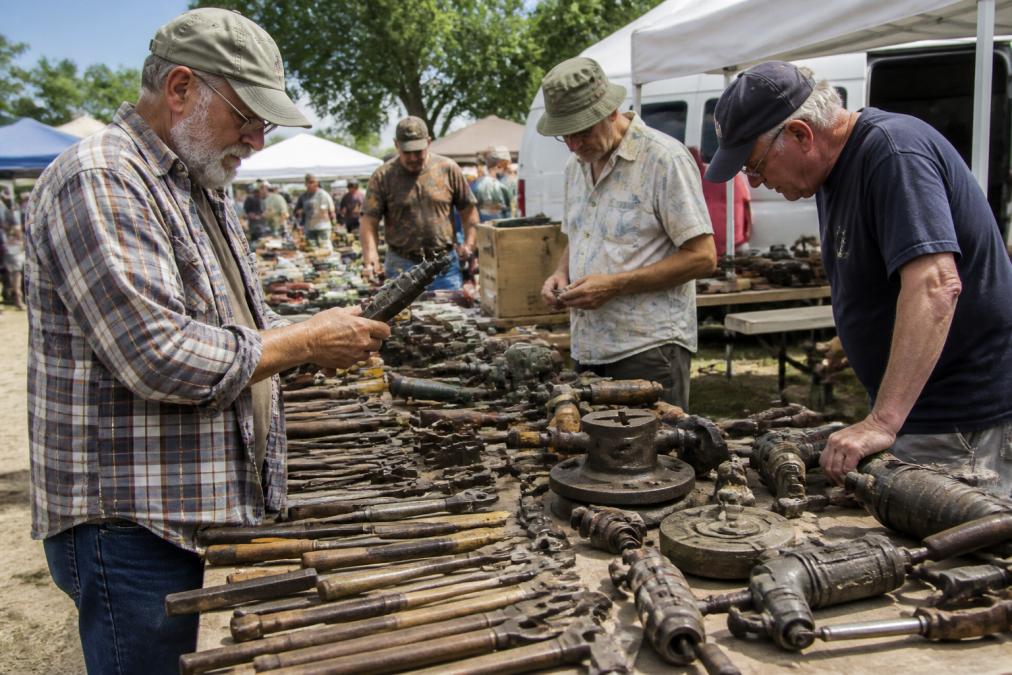 A group of tool collectors examining vintage hand tools and power tools at a community swap meet, with people inspecting items on tables in natural outdoor lighting