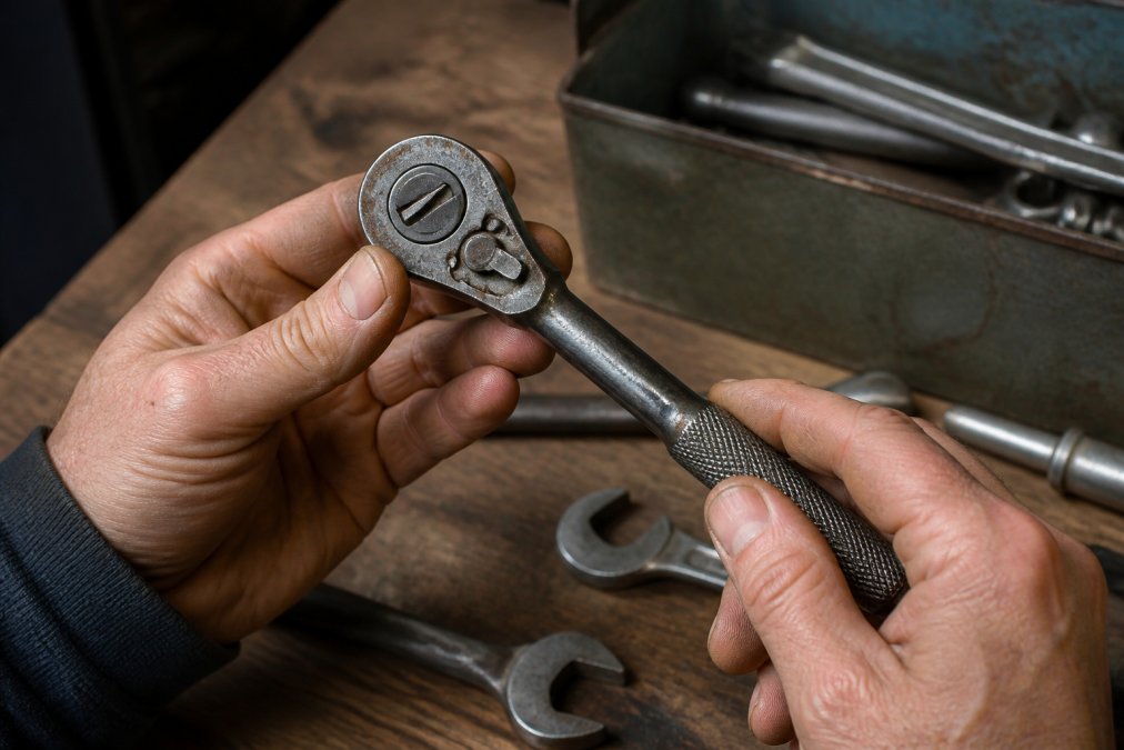 Close-up of hands inspecting a vintage tool, checking serial numbers, model markings, and overall condition with natural lighting