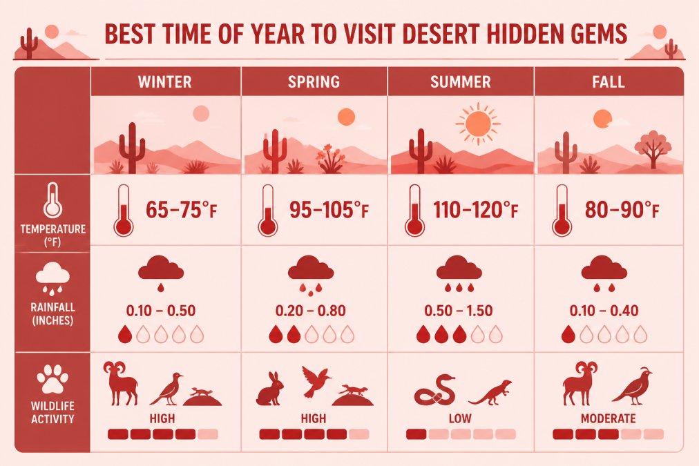 Seasonal comparison chart showing temperature ranges (65-75°F in winter, 95-105°F in spring, 110-120°F in summer, 80-90°F in fall), rainfall patterns, and wildlife activity levels across all four seasons for desert exploration