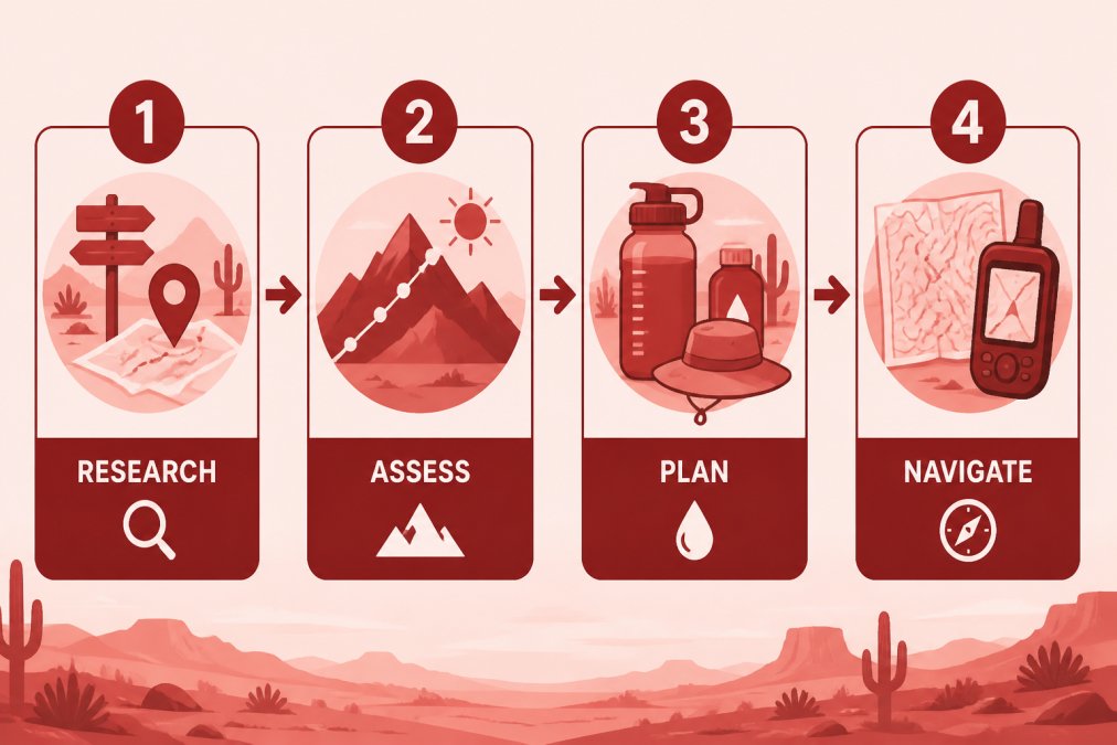 Flowchart showing four-step desert adventure planning process: Step 1 Research trailheads and backcountry access points → Step 2 Assess terrain elevation gain and sun exposure → Step 3 Plan hydration and thermal regulation → Step 4 Navigate using topographic maps and offline GPS