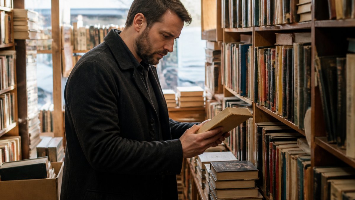 A reader browsing a second-hand bookshop shelf, pulling out a worn paperback with a curious expression, warm afternoon light through the window