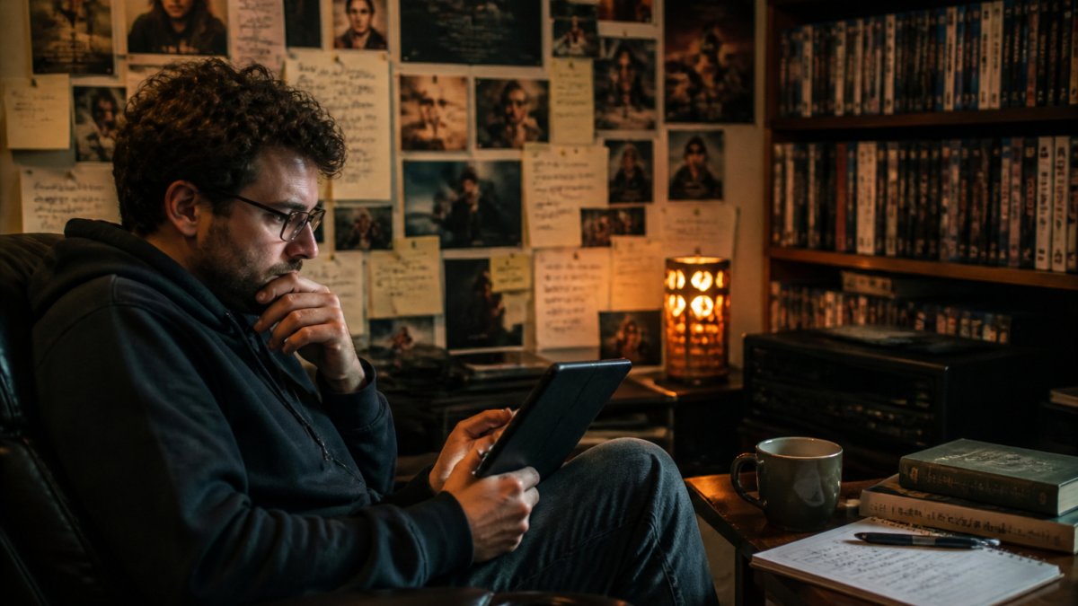 Film enthusiast using a tablet to find hidden indie films while surrounded by movie posters and notes