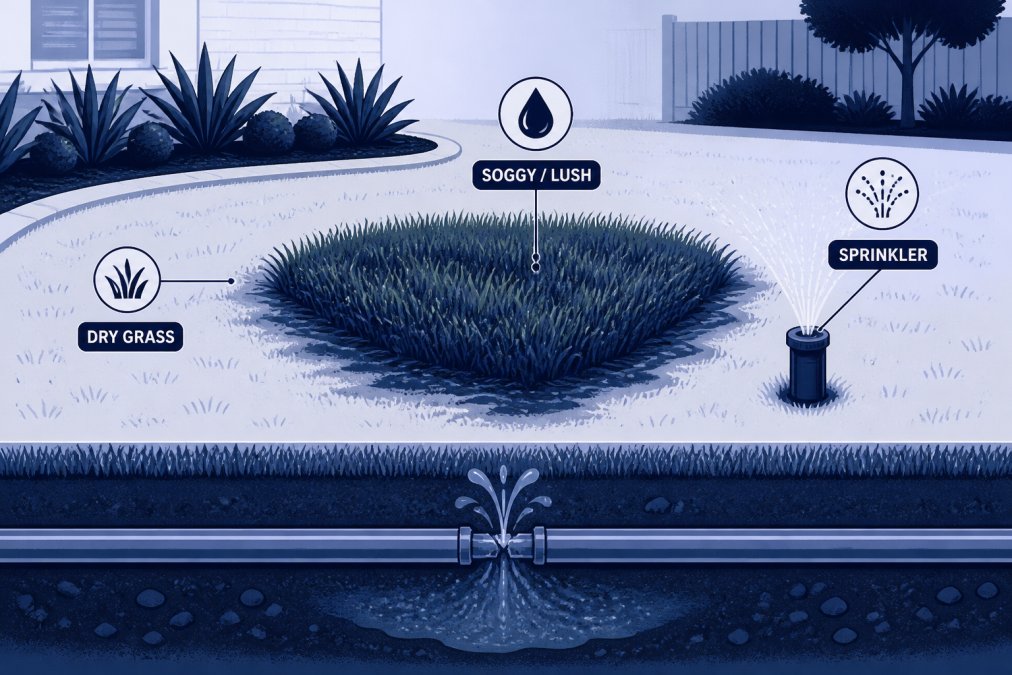Close-up of a suburban Melbourne garden lawn showing a patch of unusually lush, soggy grass surrounded by drier turf, with a sprinkler head visible nearby, suggesting a hidden underground irrigation leak