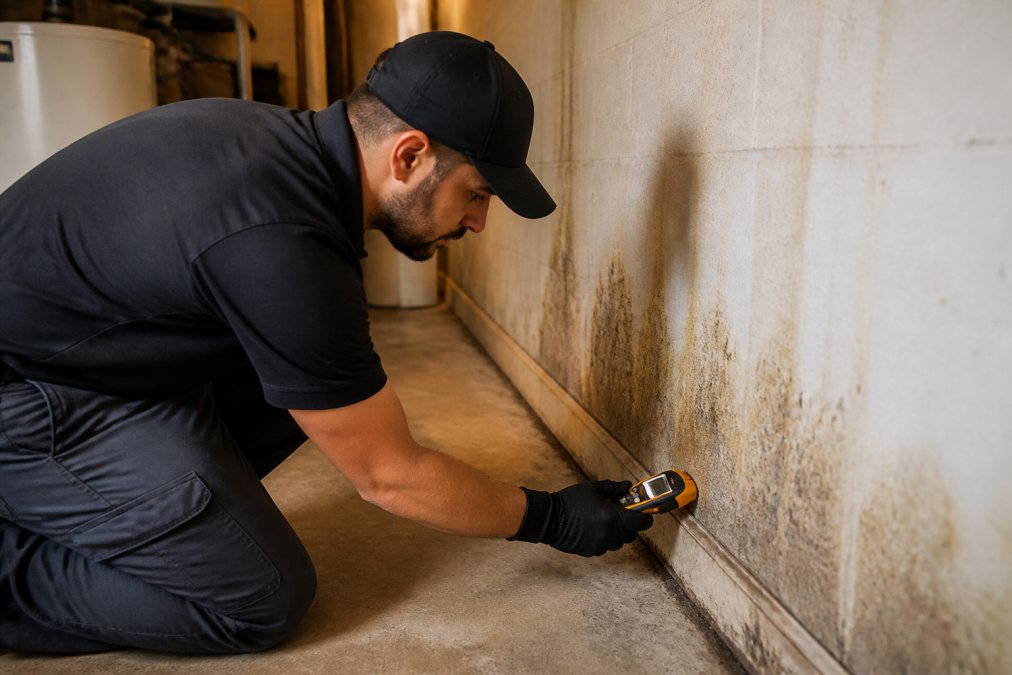 Homeowner using a moisture meter on a stained basement baseboard to detect hidden mold