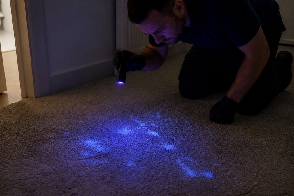 Professional using UV torch in darkened room to illuminate hidden pet urine stains glowing blue-white on carpet fibres, showing the fluorescent pattern of uric acid crystals