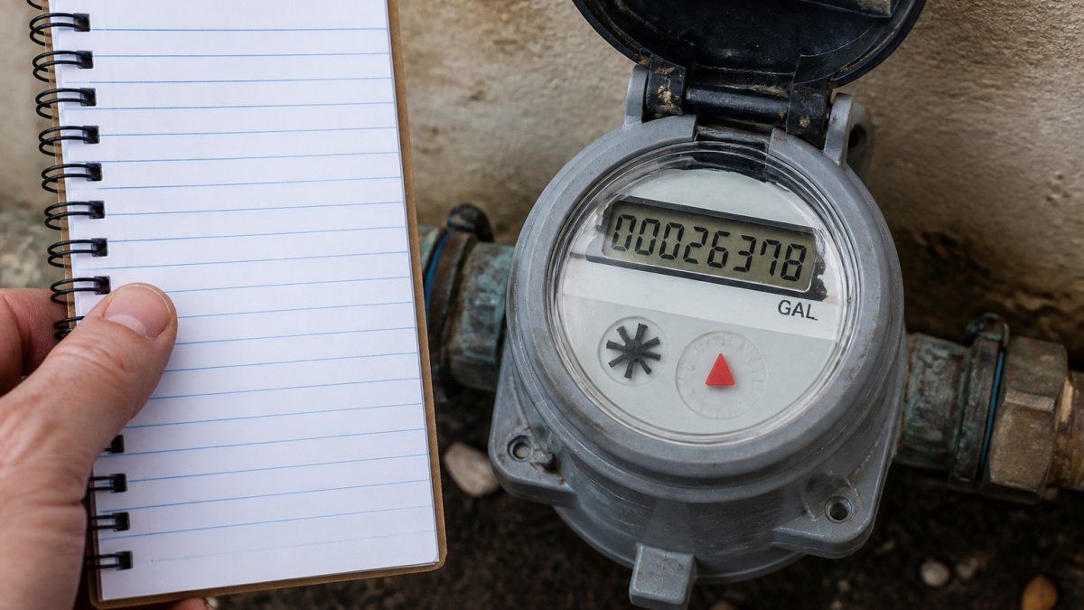 Diagram showing a water meter low-flow indicator to detect hidden water leaks behind walls by monitoring usage.
