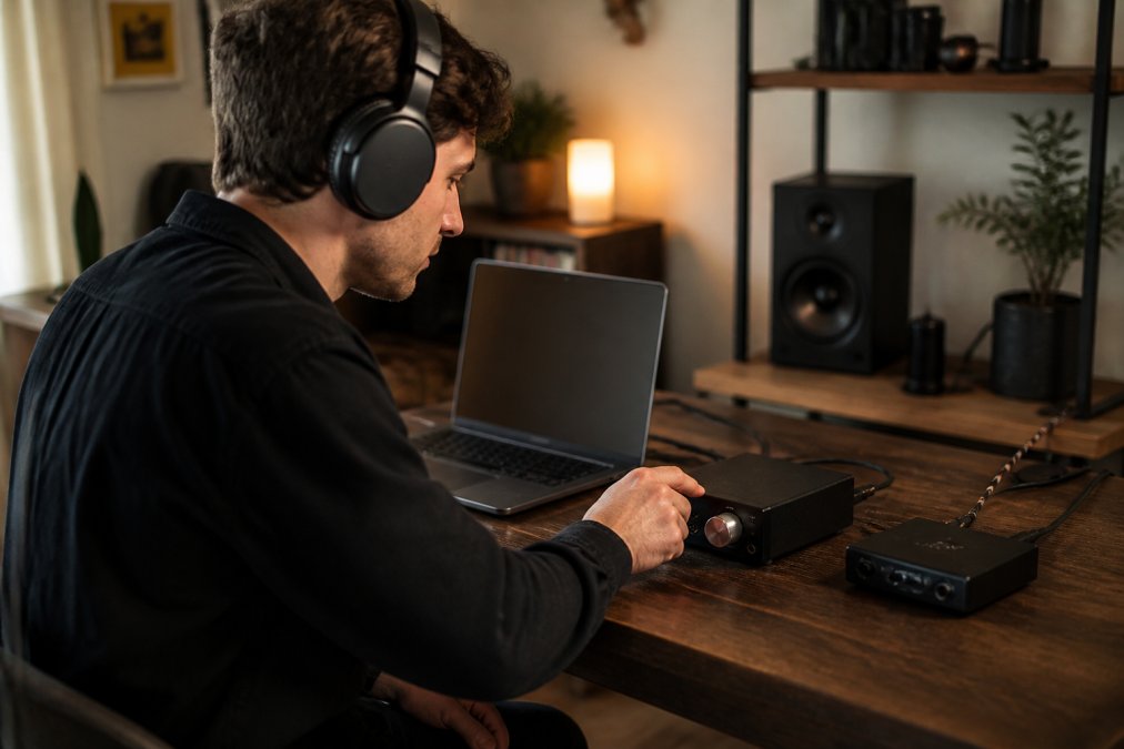 A person sitting at a desk wearing over-ear headphones, adjusting a small desktop headphone amplifier connected to a laptop, with a DAC unit visible nearby in a warmly lit room