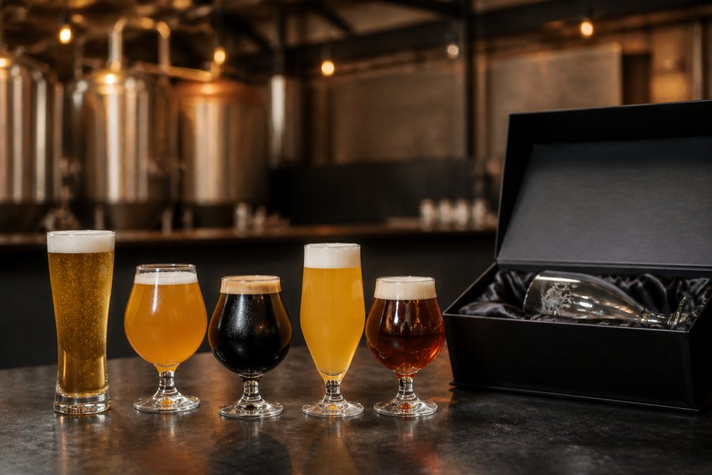 Professional arrangement of five different beer glass styles filled with various craft beers showing head retention and colour variation on a dark bar counter with brewery signage softly visible in background