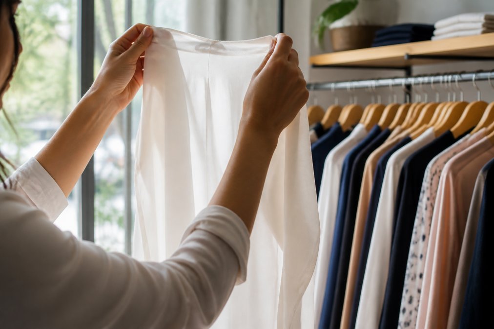 A woman's hands holding the fabric of a white blouse up to a window to check opacity, with a rack of professional clothing blurred in the background