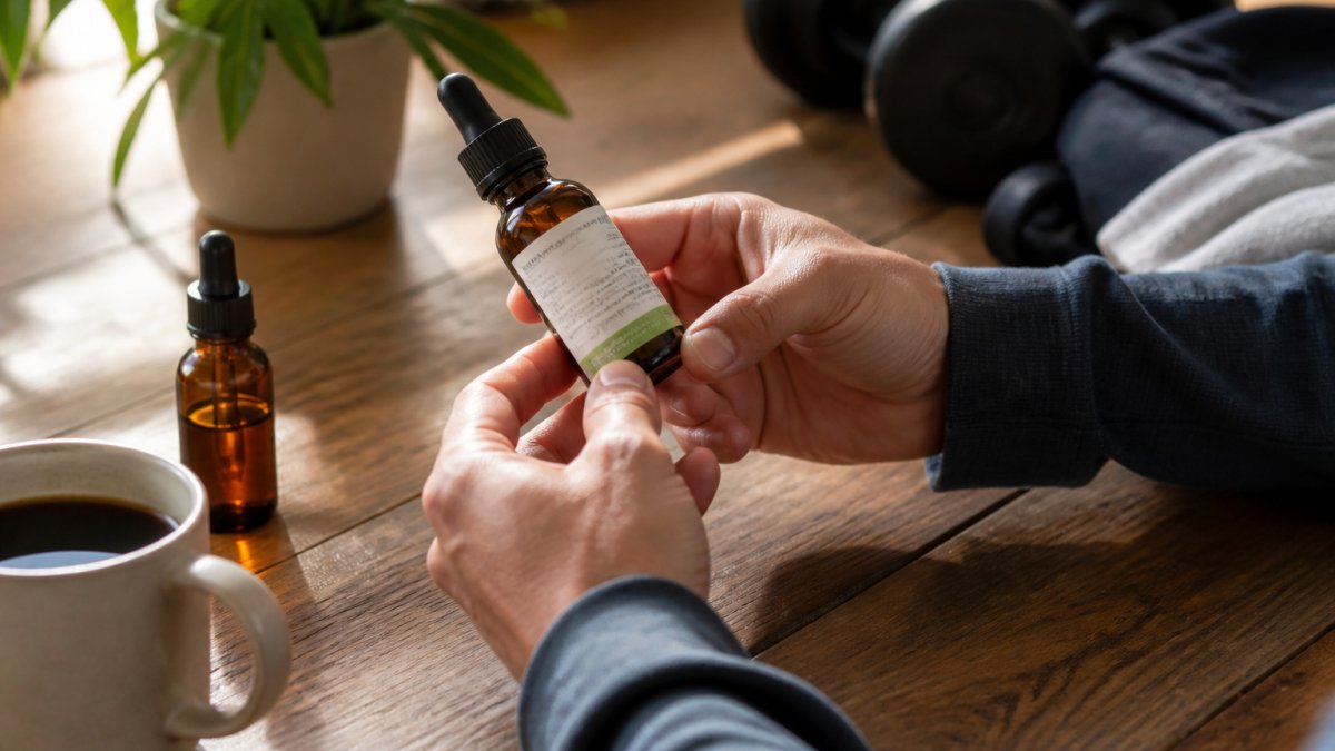Close-up of a person's hands turning a small amber CBD oil bottle to read the back label, a second bottle and a coffee mug on a wooden kitchen table in soft morning light