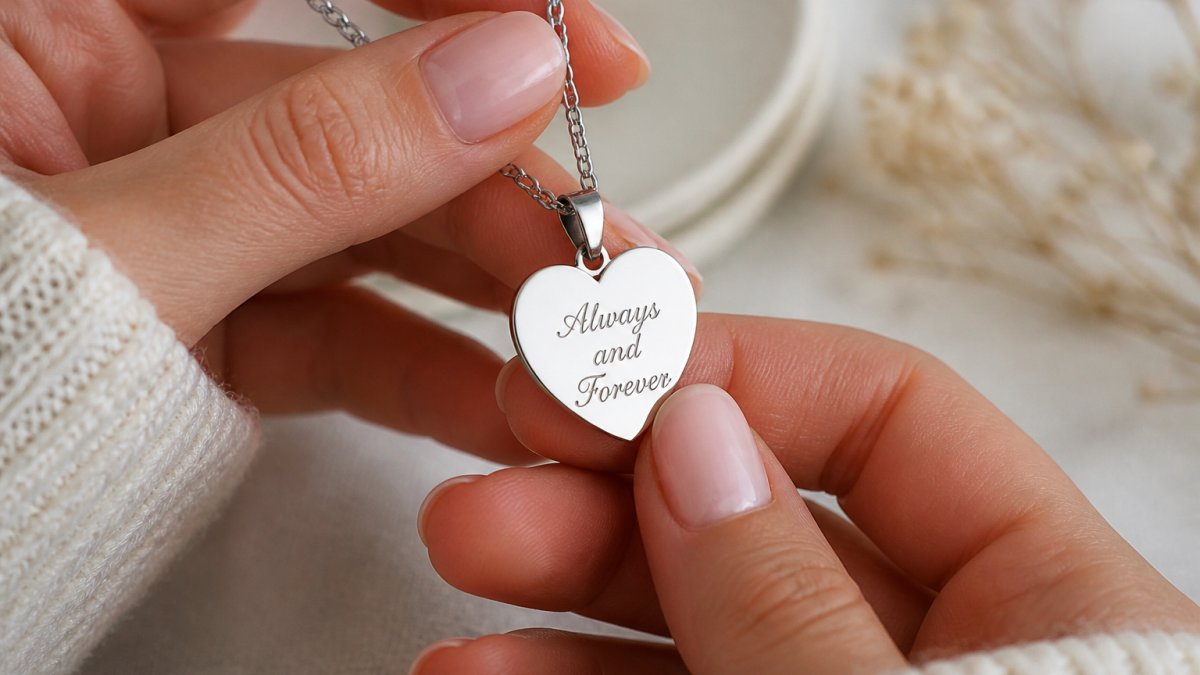 Close-up of hands holding a personalized engraved heart necklace, showing the polished stainless steel finish and detailed cursive engraving against a soft neutral background with natural lighting