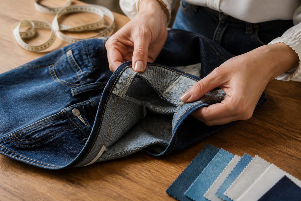 Close-up of a woman's hands examining the inside seam and stitching of a pair of high-waisted wide-leg jeans on a wooden table, with a measuring tape and fabric swatches nearby