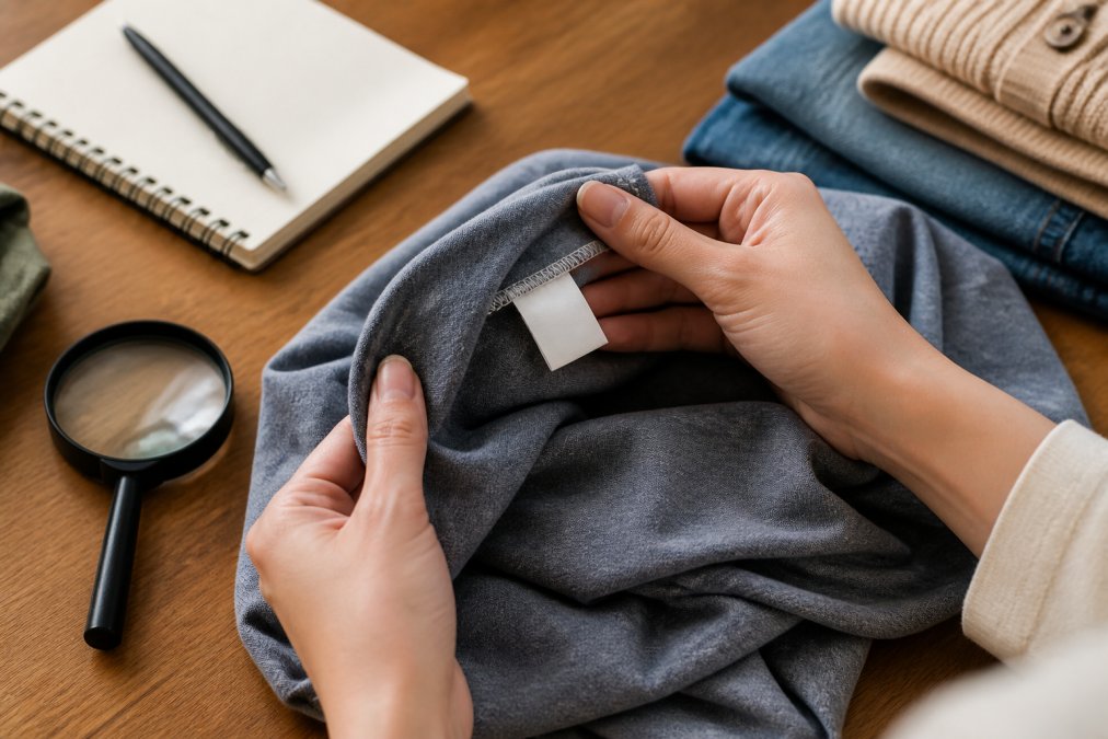 Close-up of a shopper's hands examining the inside seam and fabric tag of a folded garment on a wooden table, with a magnifying glass and notebook nearby