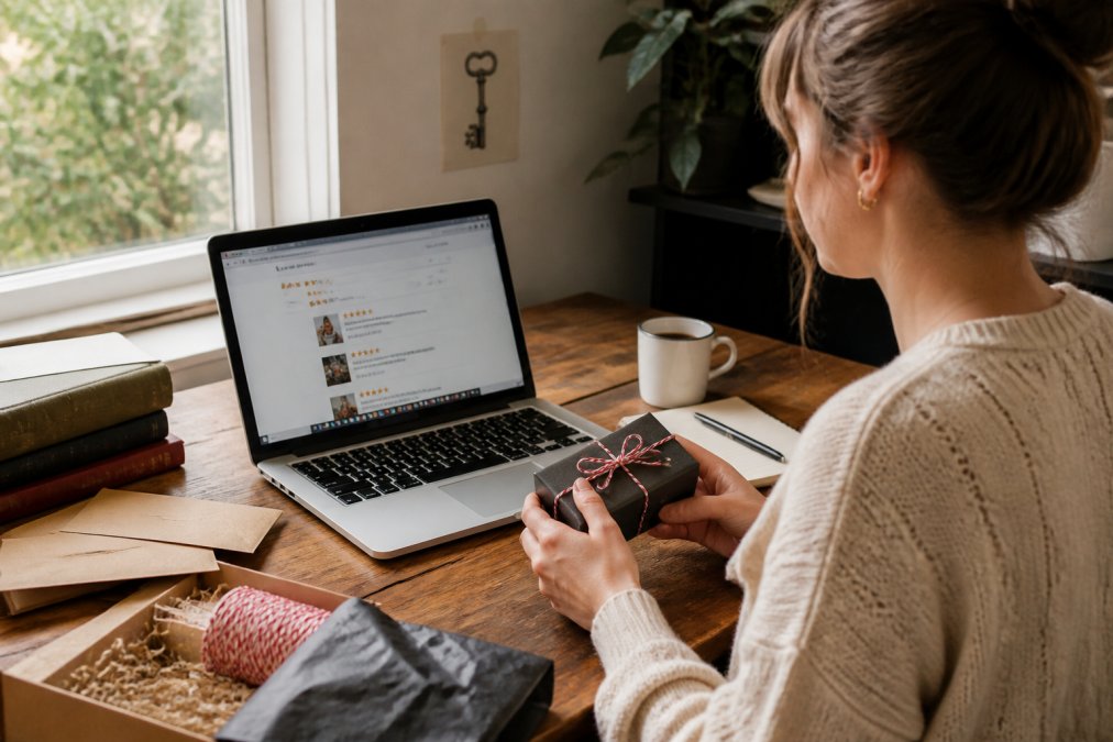A person sitting at a wooden desk with a laptop open, reading product reviews and examining a small wrapped gift box beside a cup of coffee, warm natural light from a window