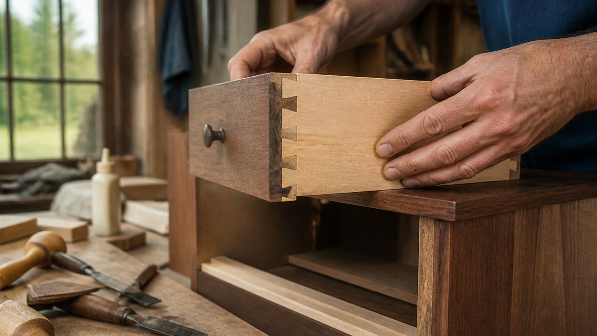 Close-up of hands carefully inspecting wooden furniture joints, checking for gaps and examining dovetail construction on a drawer, with natural daylight illuminating the wood grain and hardware