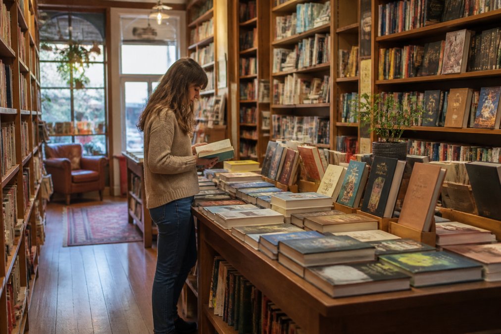 Warm interior of an independent bookshop with wooden shelves lined with carefully curated books, a customer browsing in soft natural light filtering through windows, comfortable reading nook with armchair in background