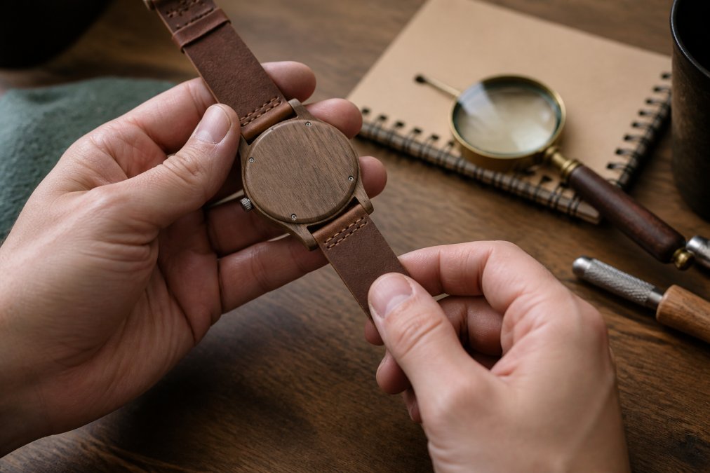 Hands inspecting the engraved back of a wooden watch and leather strap while choosing personalized gifts.