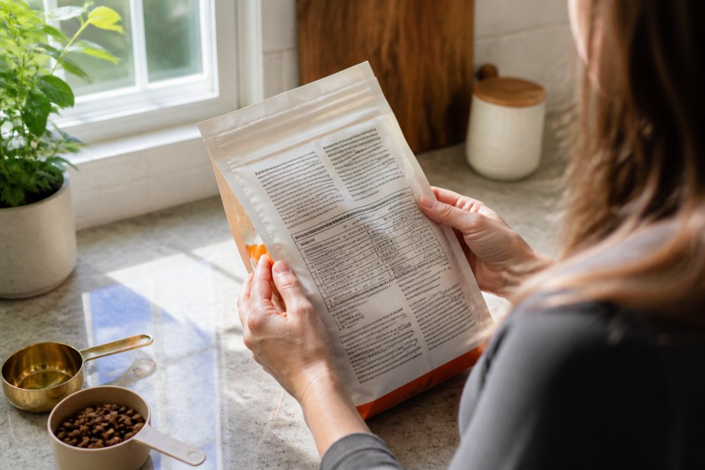A pet owner's hands holding a pet food bag, carefully examining the ingredient list and guaranteed analysis section in natural morning light near a kitchen window