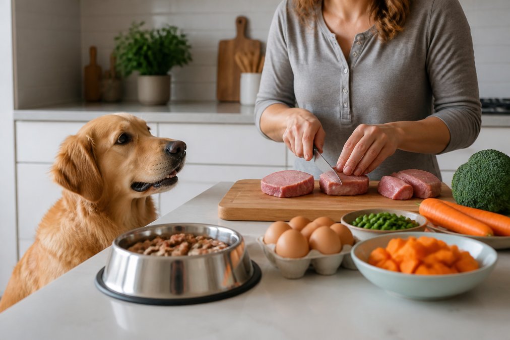 A pet owner preparing a fresh, high-quality meal for their dog in a modern home kitchen, with premium pet food visible in a stainless steel bowl on a clean counter