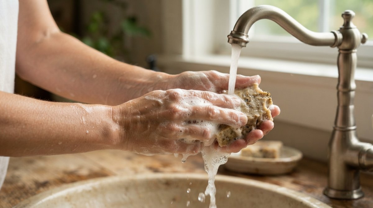Hands lathering a handcrafted soap bar under warm running water, showing rich creamy lather and visible soap texture with soft backlighting
