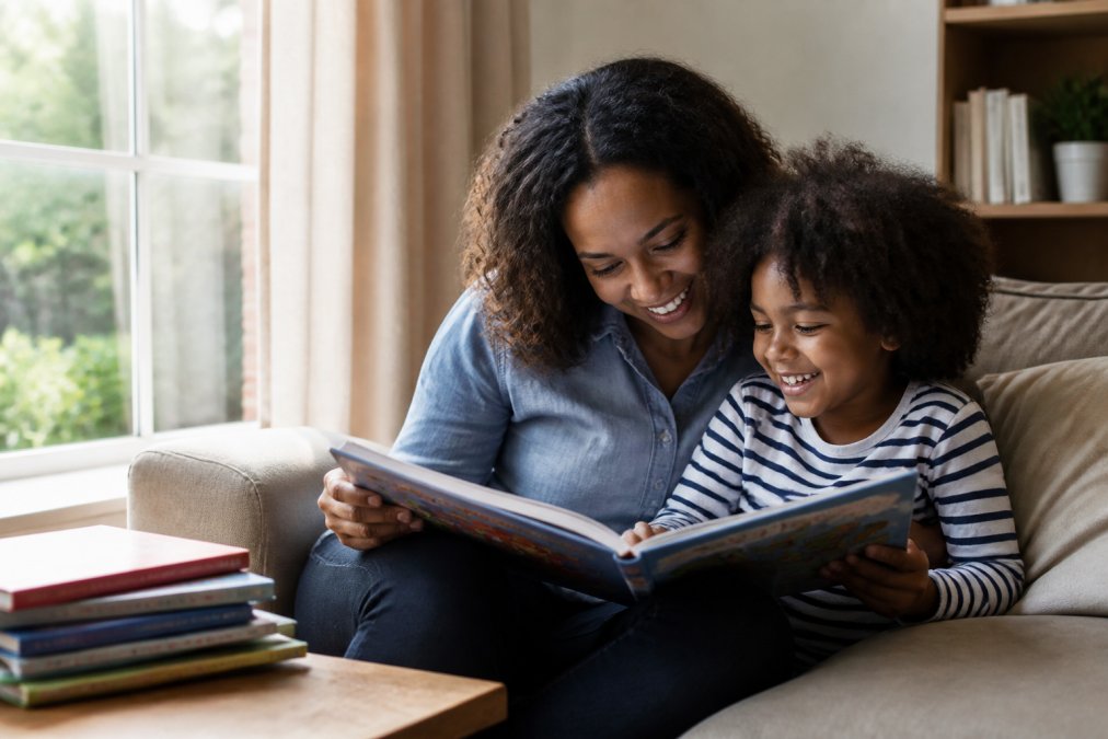 A parent and young child sitting on a cozy couch, reading a colorful picture book together, with a warm stack of storybooks nearby and soft afternoon light coming through a window