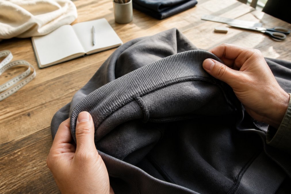 Close-up of hands turning a slate-colored heavyweight hoodie inside out, examining the ribbed collar and reinforced seam stitching under bright natural light