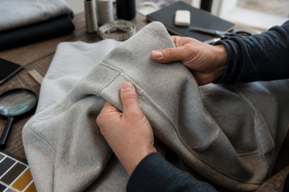 Close-up of a person's hands stretching and examining the fabric of a thick gray sweatshirt, inspecting the stitching along the hem in natural light