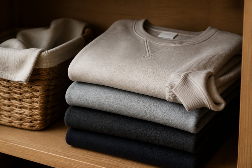 A neatly folded stack of sweatshirts in neutral tones on a wooden shelf next to a small laundry basket, with a care label visible on the top garment, photographed in warm indoor lighting