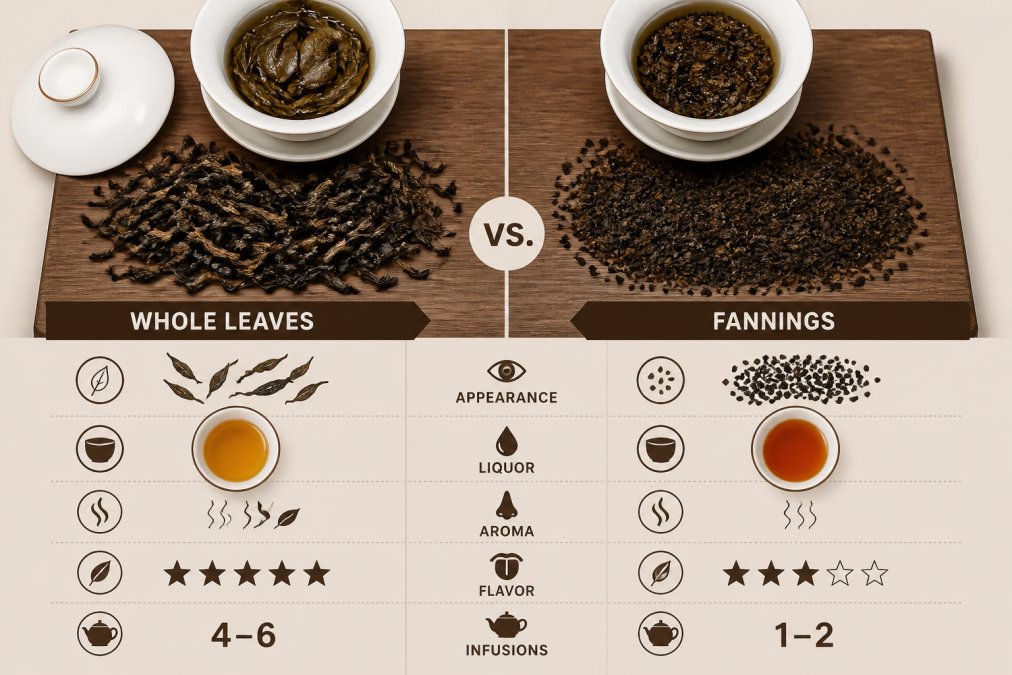 Comparison of whole leaves and fannings to identify high quality tea on a wooden board with a ceramic gaiwan.