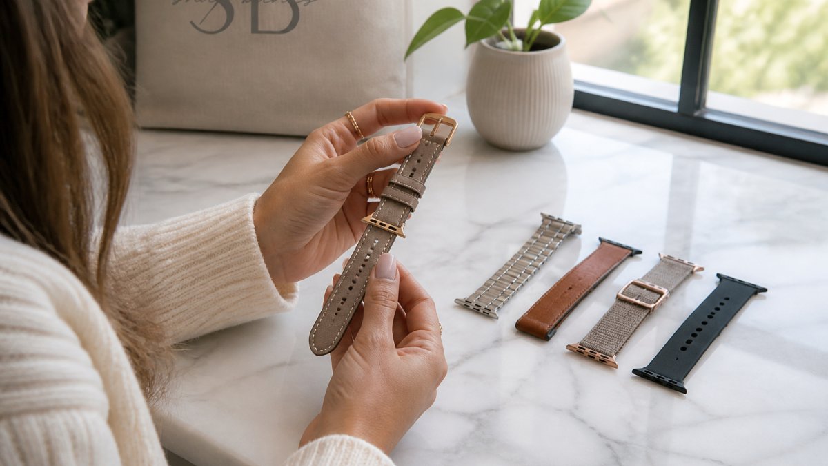 Close-up of a woman's hands examining the stitching and metal clasp on a leather Apple Watch band, with several other bands in different materials spread on a marble countertop beside her, soft daylight from a window