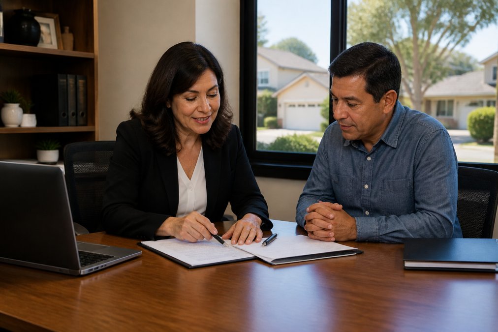 A licensed insurance agent and homeowner sitting at a desk reviewing policy documents together, with a laptop open showing an insurance quote form, warm office lighting and a window view of a suburban neighborhood