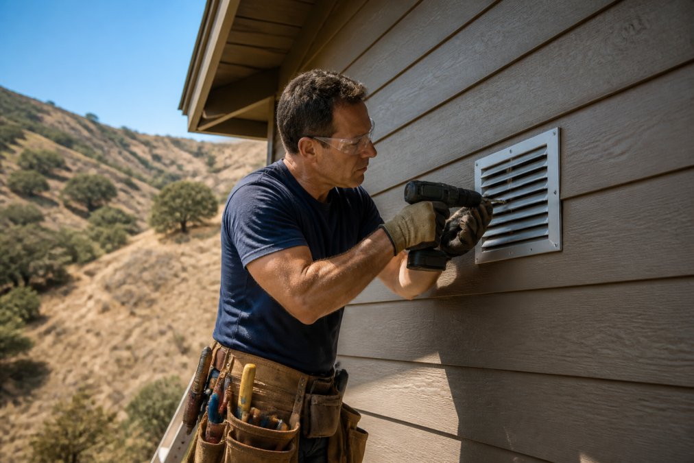 A homeowner in work gloves and safety glasses installing ember-resistant vents on the exterior of a wood-sided home on a dry hillside, with a tool belt and hardware visible in afternoon sunlight